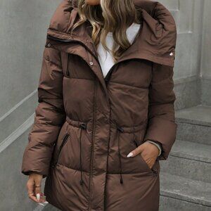 Coffee Brown Casual Women's Adjustable Waist Quilted padded Coat Jacket